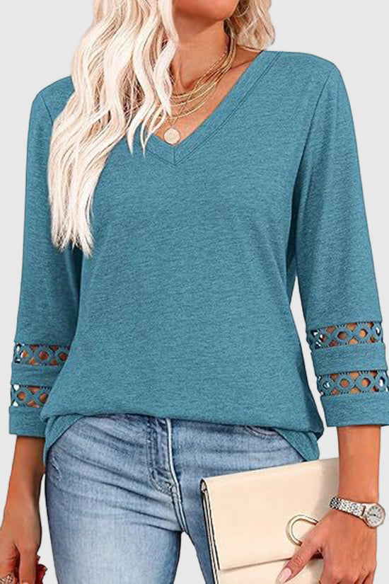 V-Neck Lace Sleeve Casual Top