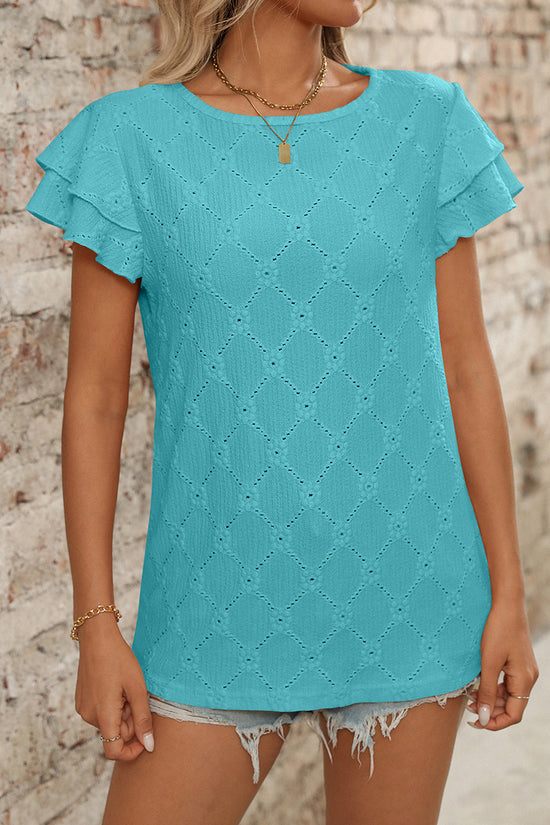 Ruffled Sleeve Eyelet T-Shirt