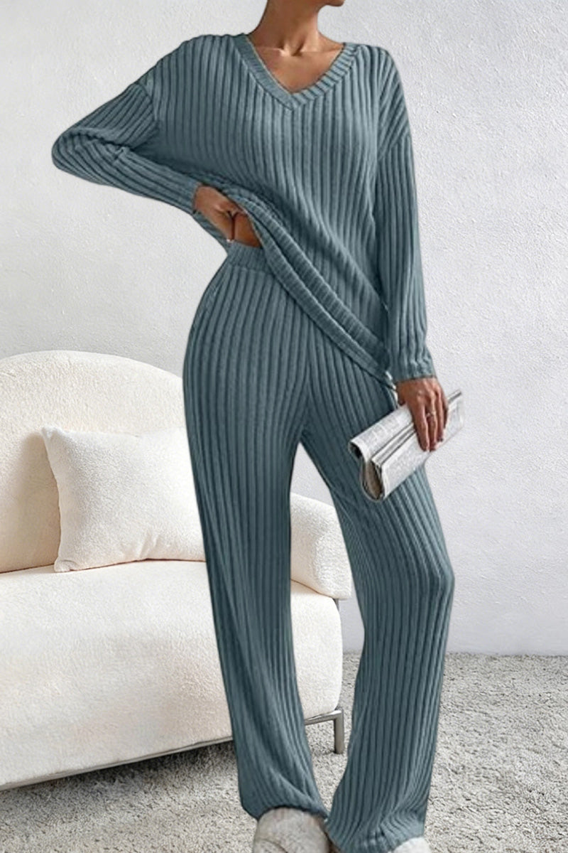 Ribbed V-Neck Pants Set