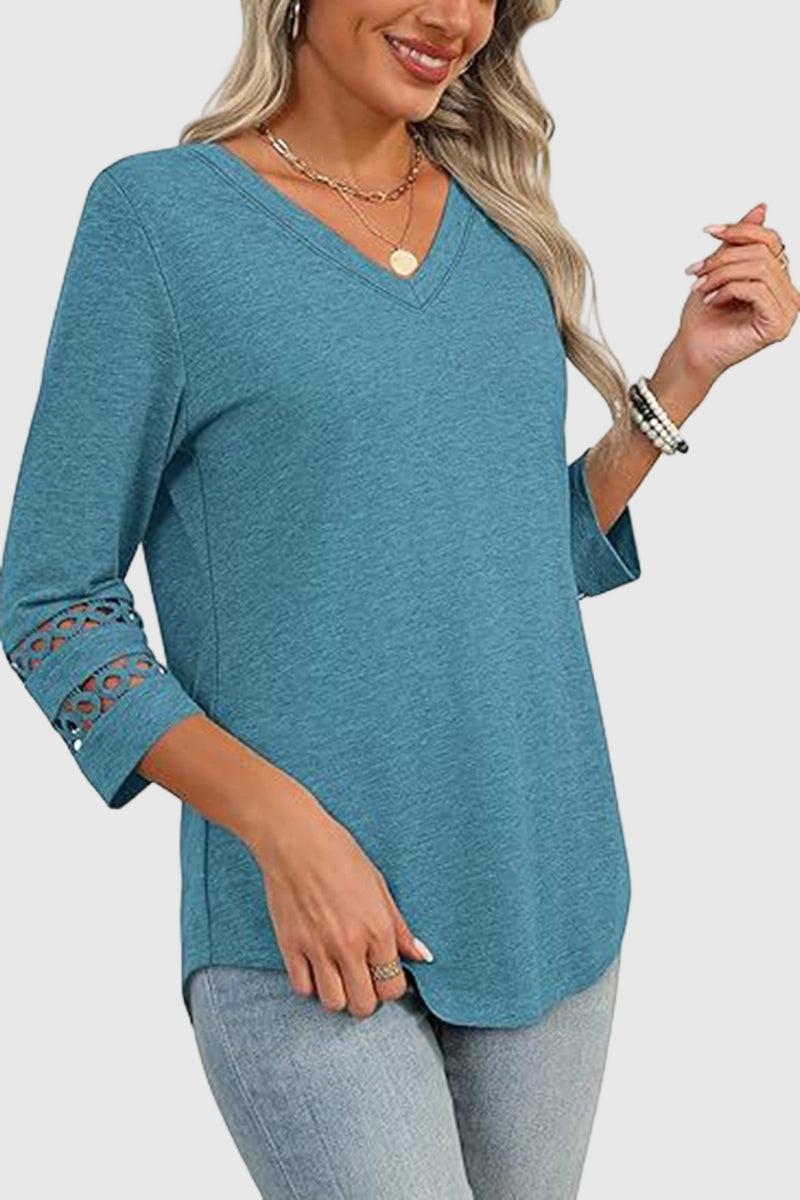 V-Neck Lace Sleeve Casual Top