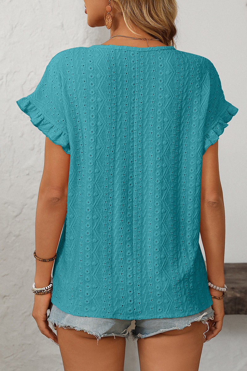 Ruffle Sleeve Eyelet T-Shirt