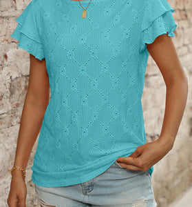 Ruffled Sleeve Eyelet T-Shirt