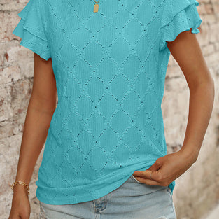 Ruffled Sleeve Eyelet T-Shirt