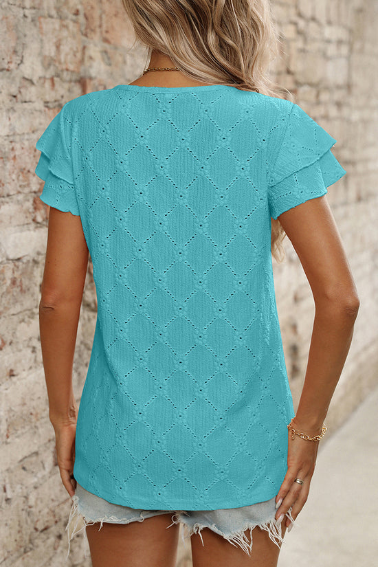 Ruffled Sleeve Eyelet T-Shirt