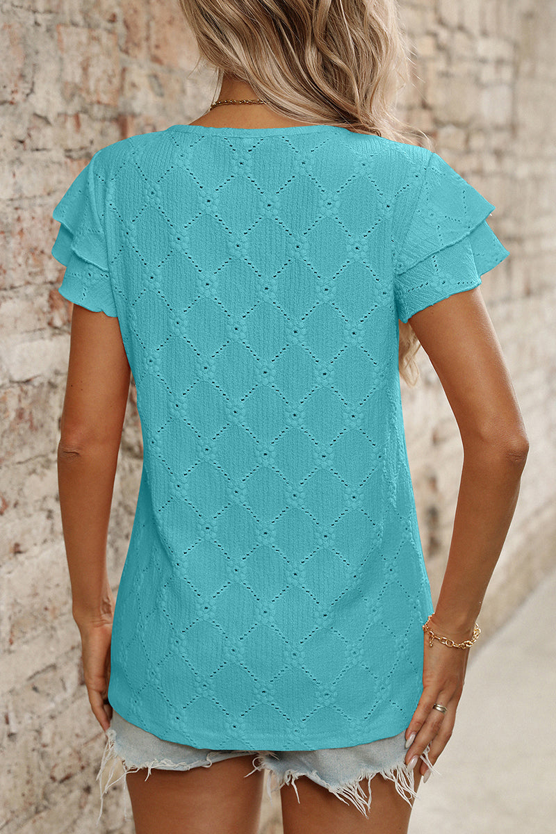 Ruffled Sleeve Eyelet T-Shirt