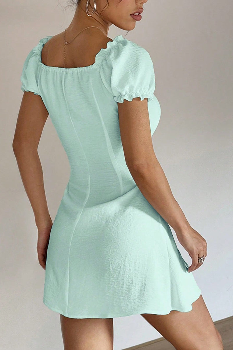 Button-Front Puff Sleeve Mini Dress