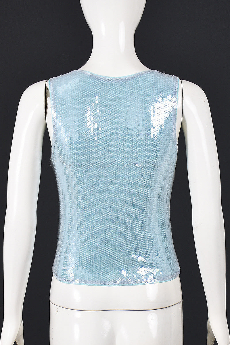 Sequin Tie-Front Sleeveless Tank Top