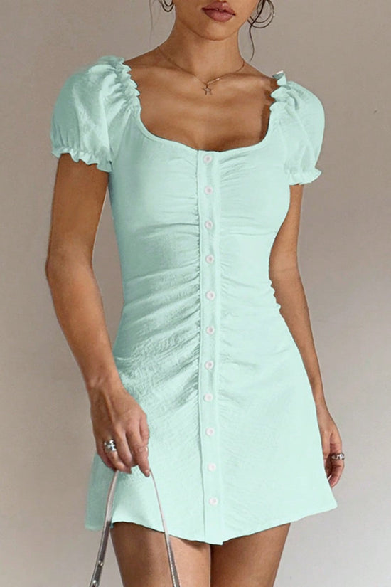 Button-Front Puff Sleeve Mini Dress