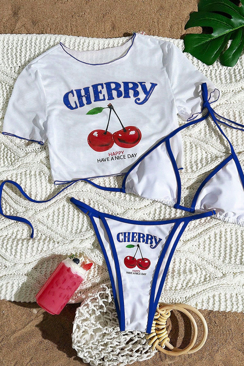 Cherry Print Bikini Set with Cover-Up