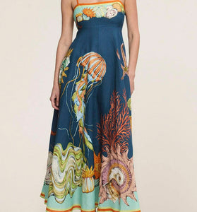 Sea-Themed Print Maxi Dress