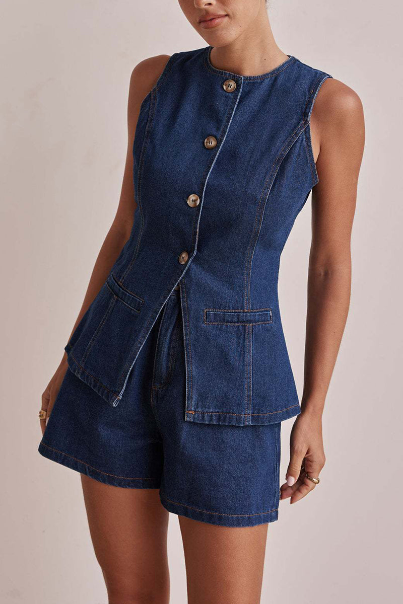 Chic Buttoned Sleeveless Shorts Set