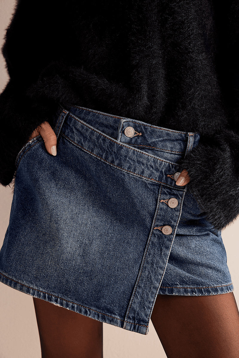 Asymmetric Buttoned Denim Shorts