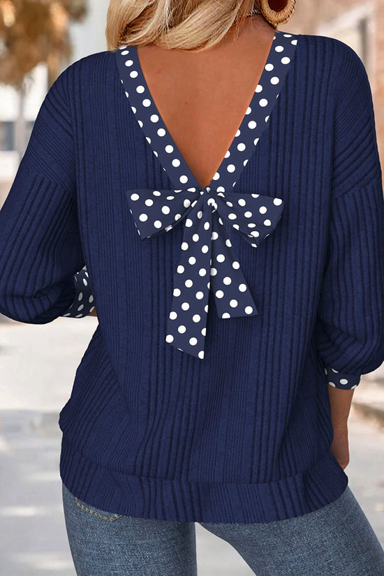 Polka Dot Trim V Neck Ribbed Top