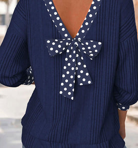 Polka Dot Trim V Neck Ribbed Top
