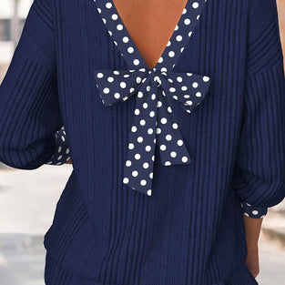 Polka Dot Trim V Neck Ribbed Top