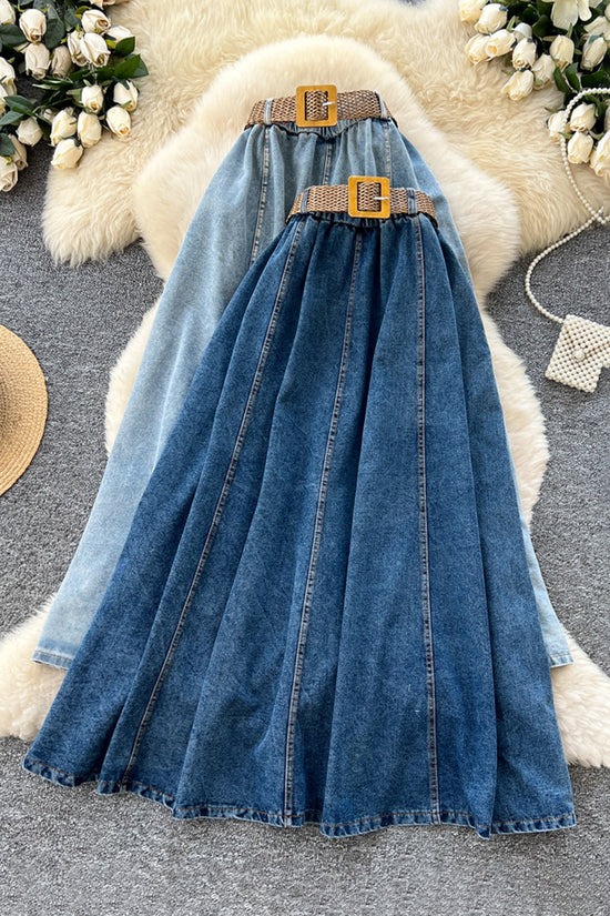 Classic Denim Midi Skirt with Belt