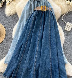 Classic Denim Midi Skirt with Belt