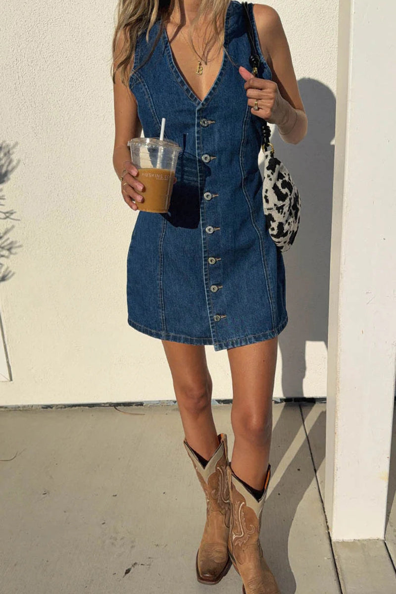 Buttoned Sleeveless Denim Casual Dress