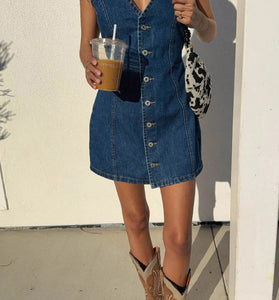 Buttoned Sleeveless Denim Casual Dress