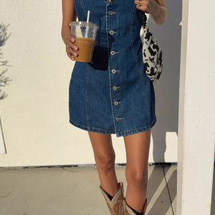 Buttoned Sleeveless Denim Casual Dress