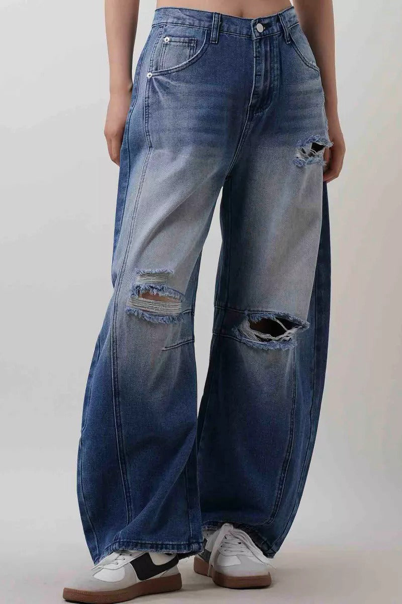 Distressed Barrel Jeans with Casual Fit