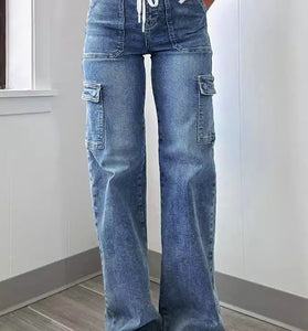 Stylish Straight Cargo Jeans with Drawstring