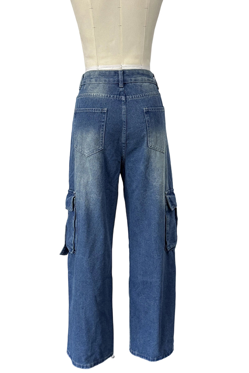 Wide-Leg Cargo Denim Pants