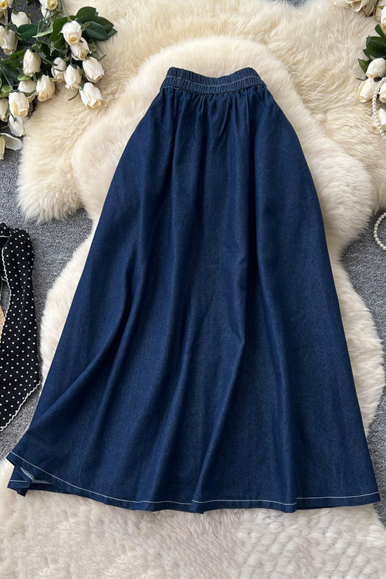 Polka-Dot Tie Detail Denim Skirt