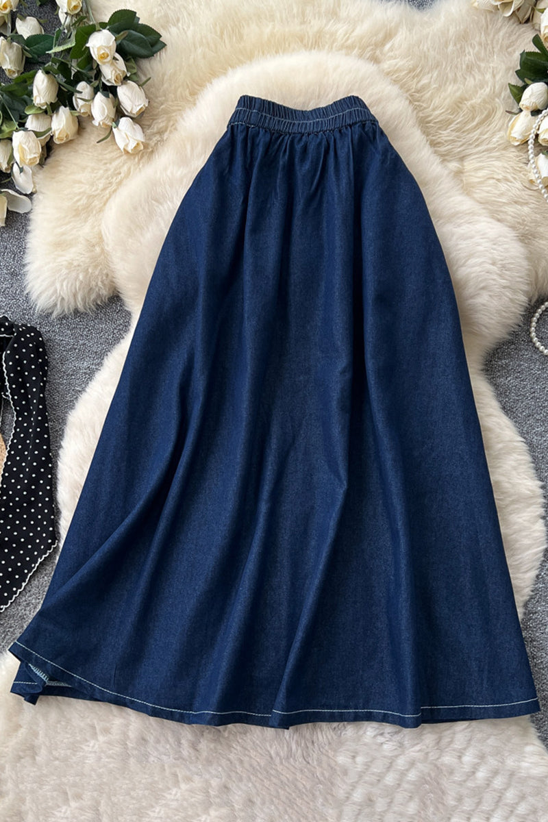 Polka-Dot Tie Detail Denim Skirt