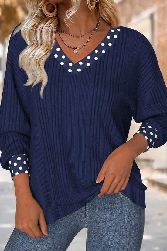 Polka Dot Trim V Neck Ribbed Top