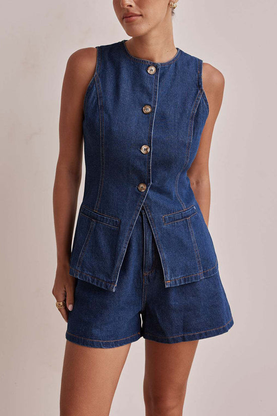 Chic Buttoned Sleeveless Shorts Set
