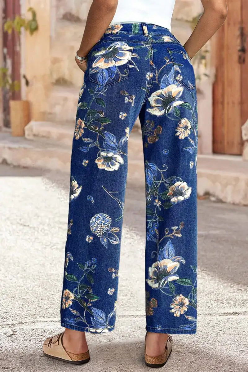 Floral Printed Straight Jeans