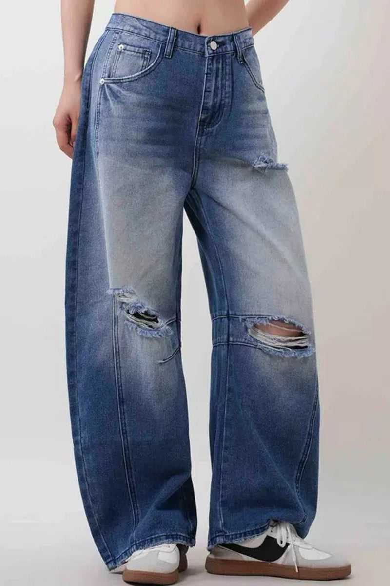 Distressed Barrel Jeans with Casual Fit