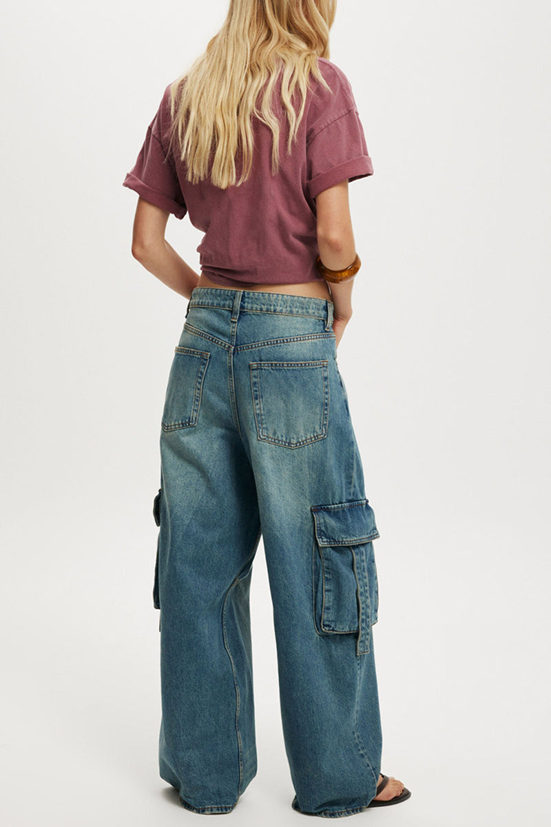 Wide-Leg Cargo Denim Pants