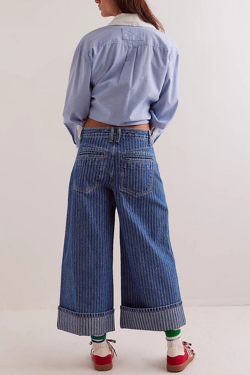 Striped Vintage Washed Straight Jeans