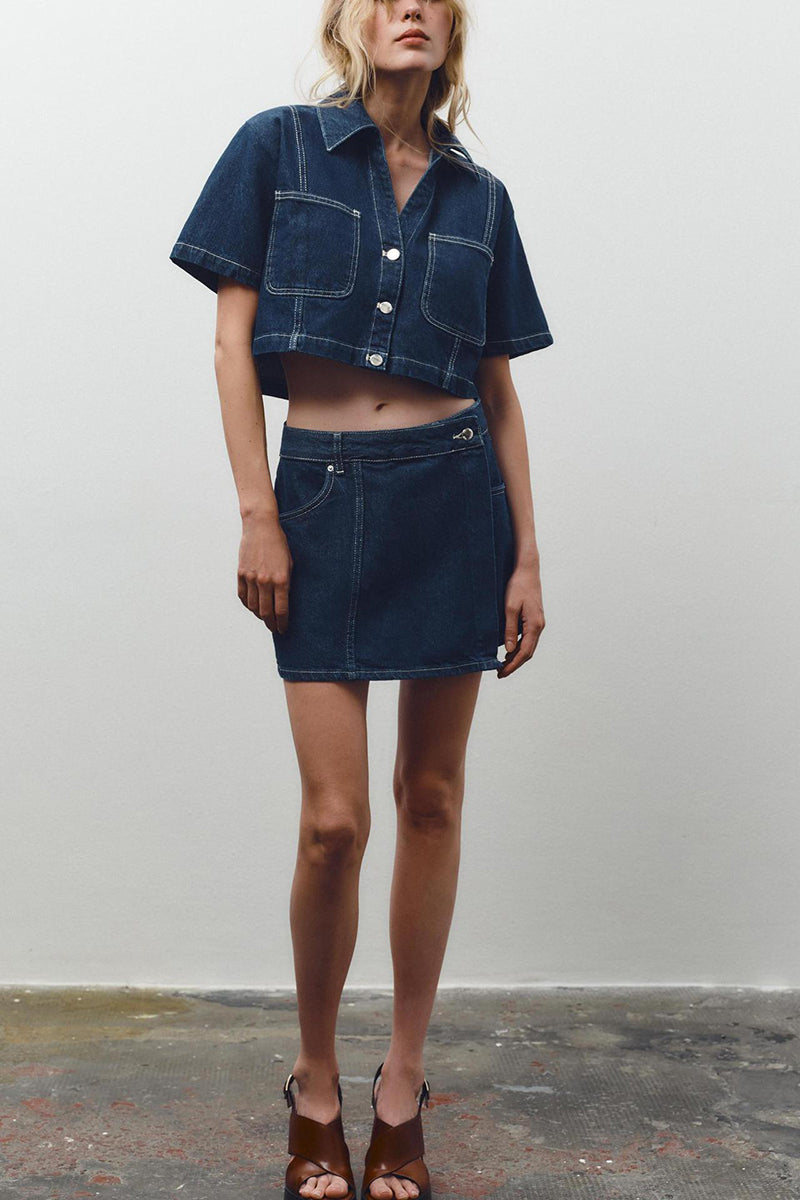 Stylish Denim Crop Top and Skirt Set