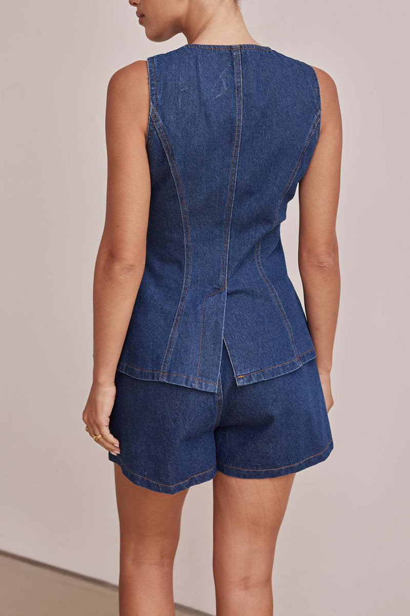 Chic Buttoned Sleeveless Shorts Set