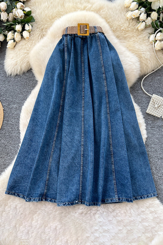 Classic Denim Midi Skirt with Belt