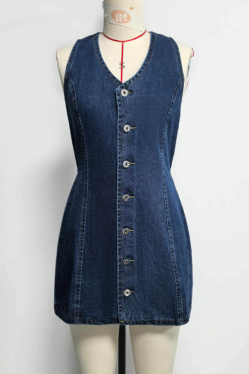 Buttoned Sleeveless Denim Casual Dress