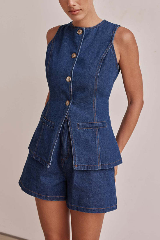 Chic Buttoned Sleeveless Shorts Set
