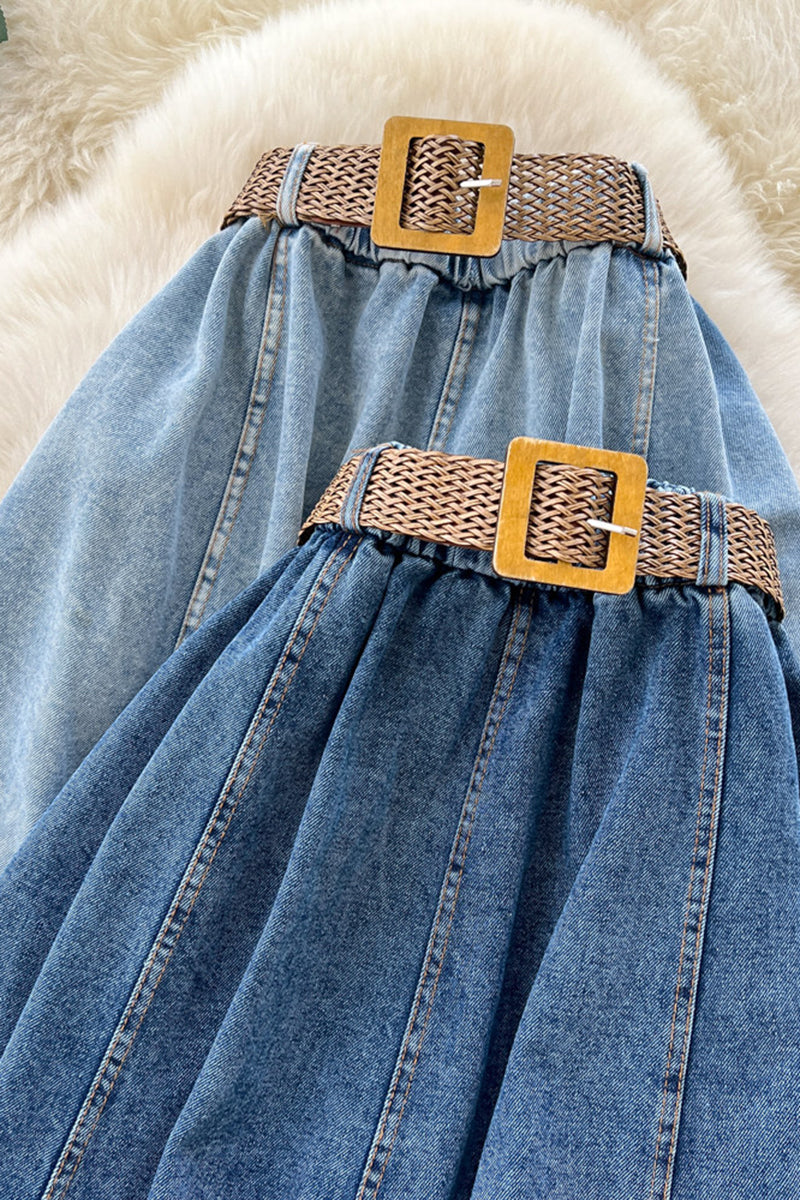 Classic Denim Midi Skirt with Belt