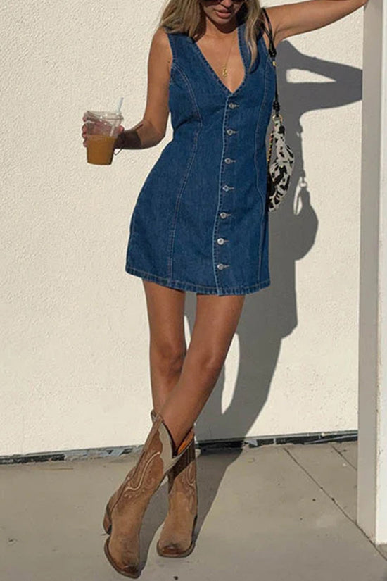 Buttoned Sleeveless Denim Casual Dress