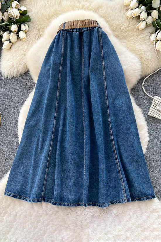 Classic Denim Midi Skirt with Belt
