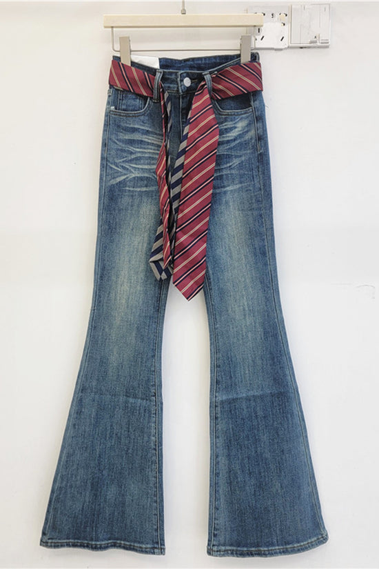 Flare Denim Trousers with Tie Belt