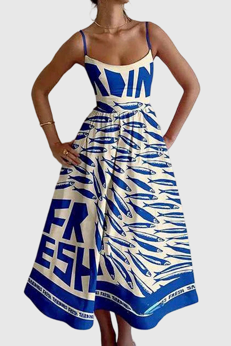 Fish Print Spaghetti Strap Midi Dress