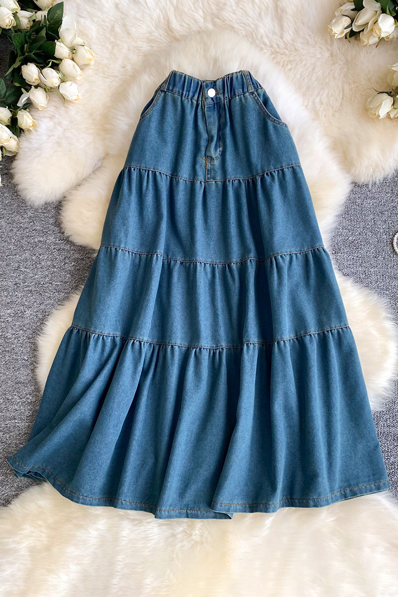 Tiered Denim Maxi Skirt