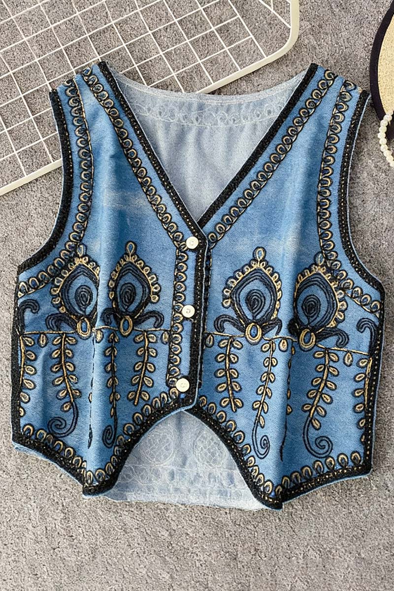 Patterned Sleeveless Denim Shacket