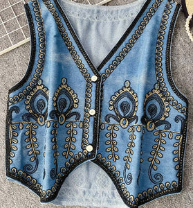 Patterned Sleeveless Denim Shacket