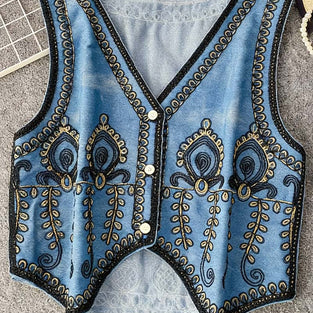 Patterned Sleeveless Denim Shacket
