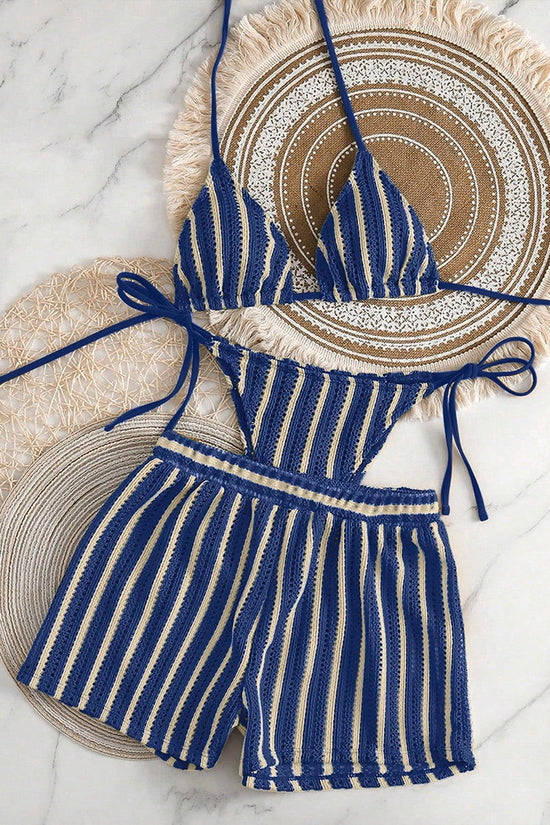 Striped Bikini Set with Stylish Cover-Up